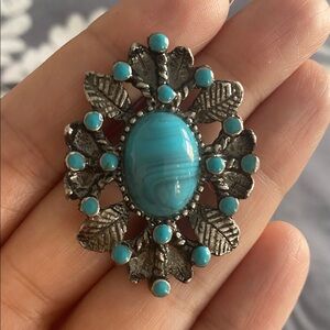 Vintage Turquoise and Silver Leaf Brooch